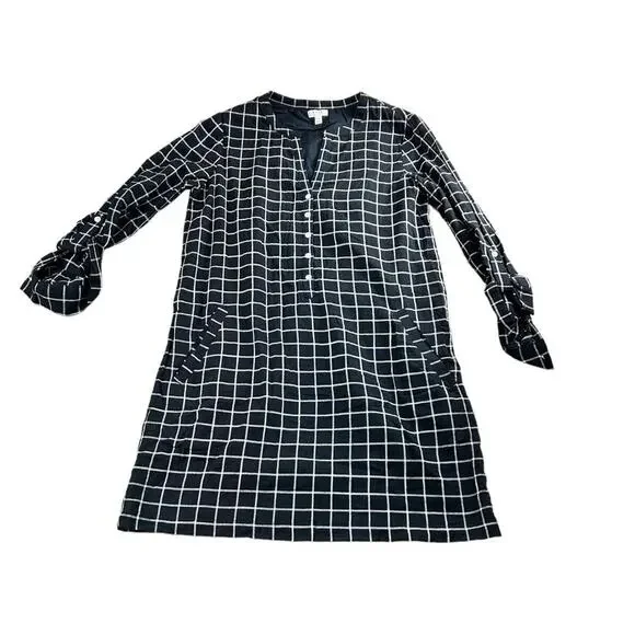 Soft Joie Iselyn Black Plaid Shirt Dress Sz XS Long Roll Tab Sleeves Above Knee - Picture 10 of 11